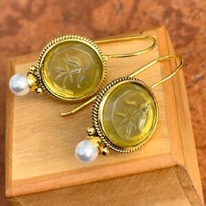 Estate Gold-Tone Green Cameo + Pearl Drop Earrings
